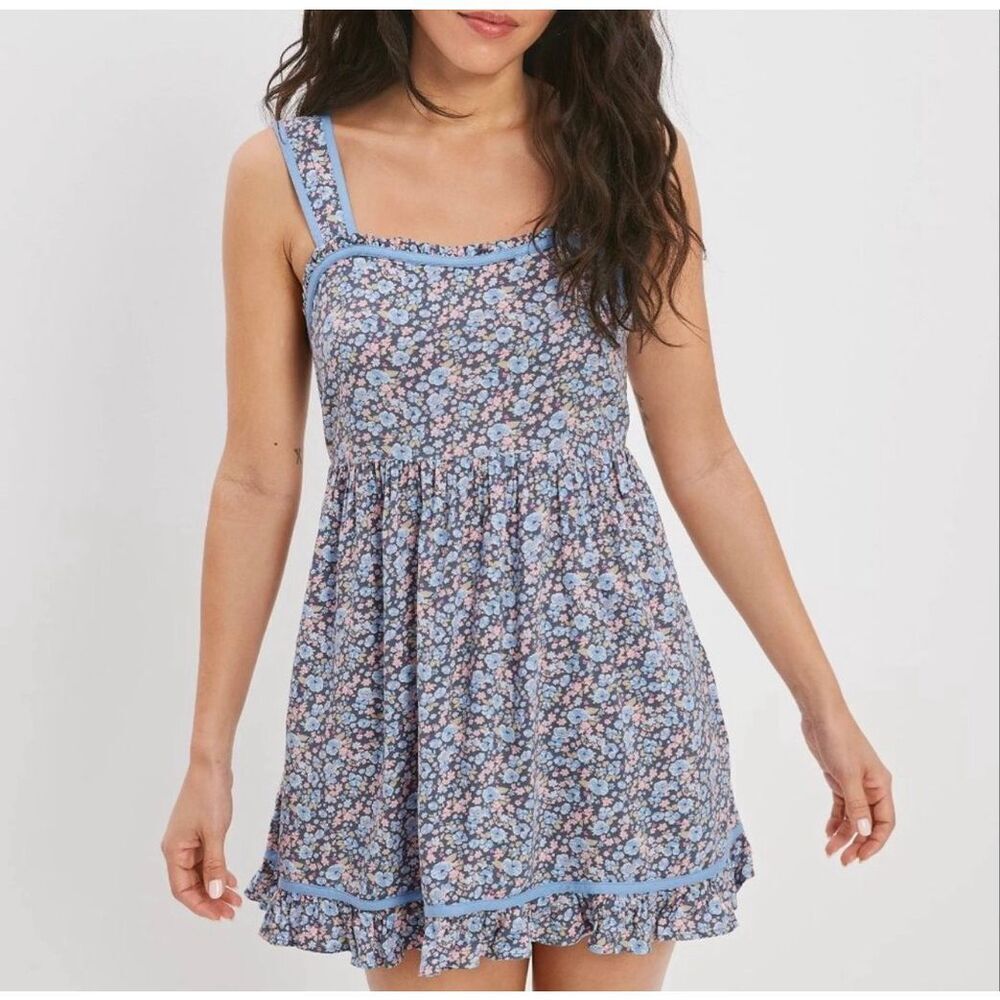 American Eagle Blue Ditsy Floral Coquette Cottagecore Lace Up Mini Dress Medium